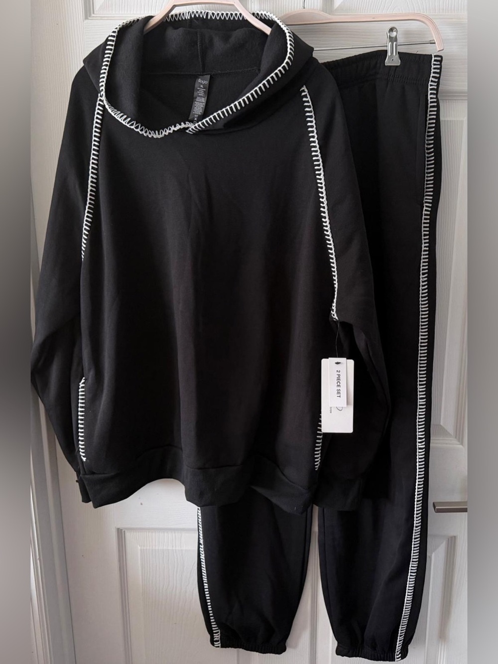 NWT Black Hoodie & Jogger Set with White Stitch Trim